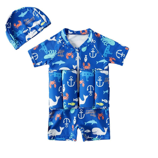 Digirlsor Kids Floatation Swimsuits Baby Boys Girls One Piece Float Suit Short Sleeve Swim Vest Zip up Buoyancy Swimwear +Cap